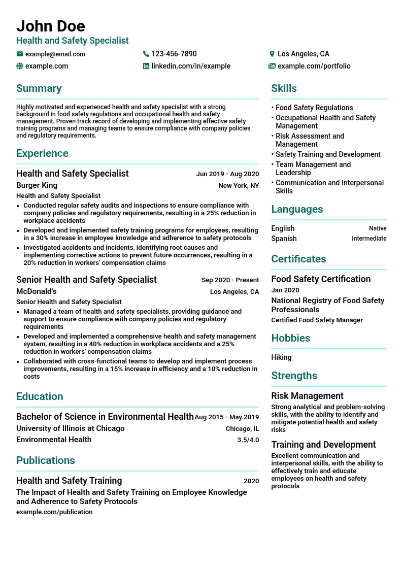 Health and Safety Specialist - Fast Food resume example
