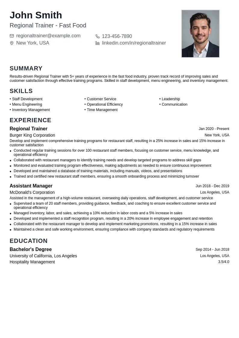 Regional Trainer - Fast Food resume example