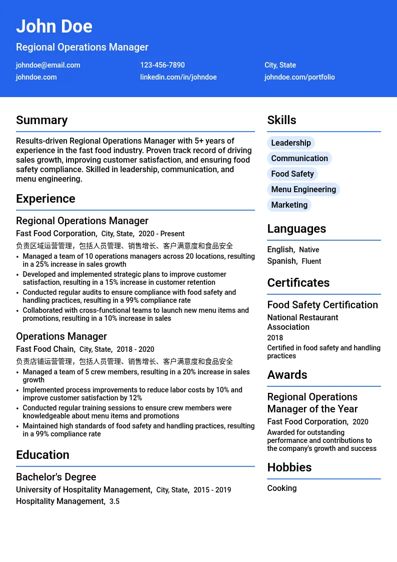 Regional Operations Manager - Fast Food resume example