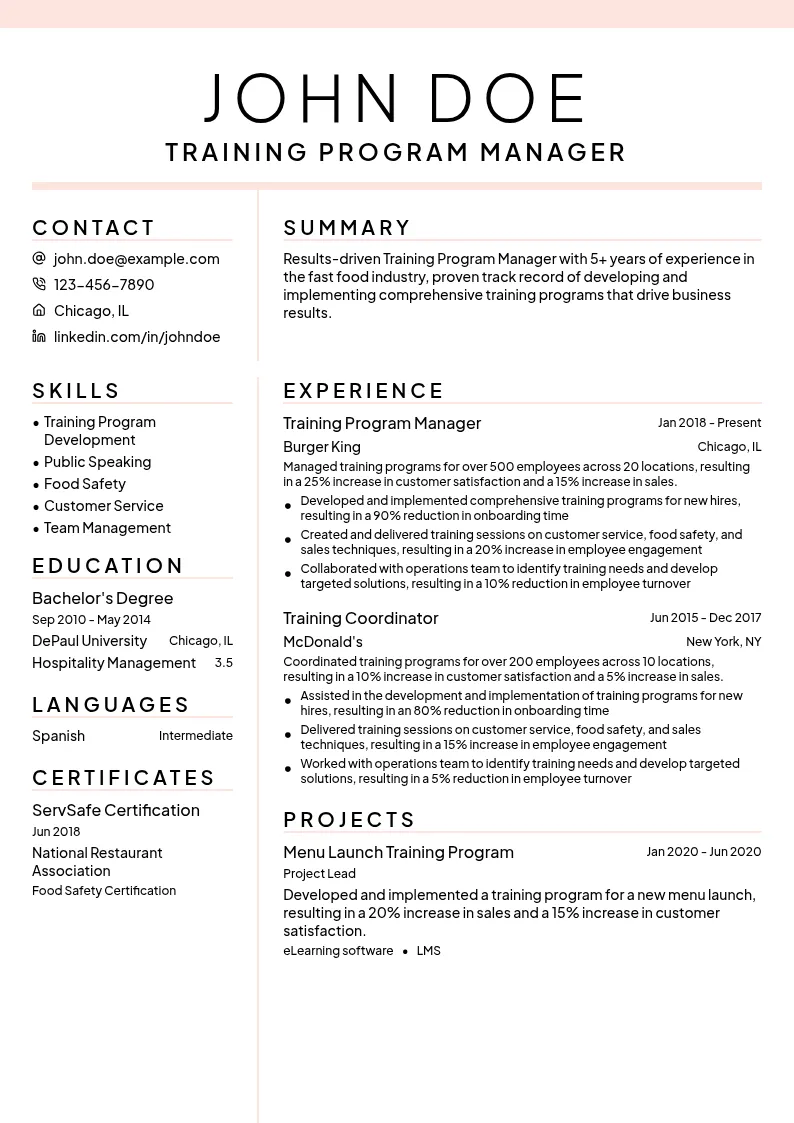 Training Program Manager - Fast Food resume example