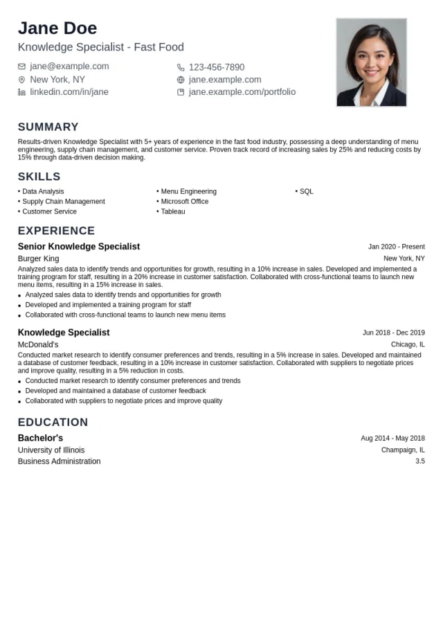 Knowledge Specialist - Fast Food resume example