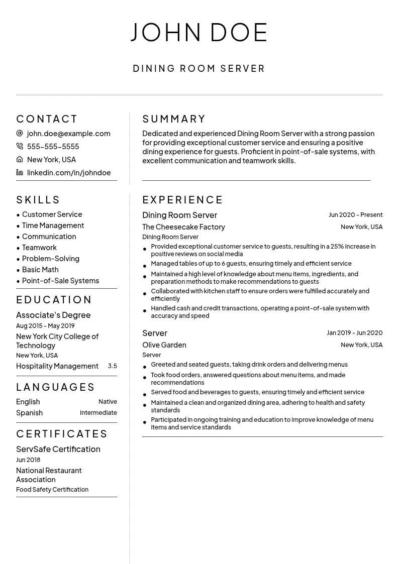 Dining Room Server resume example