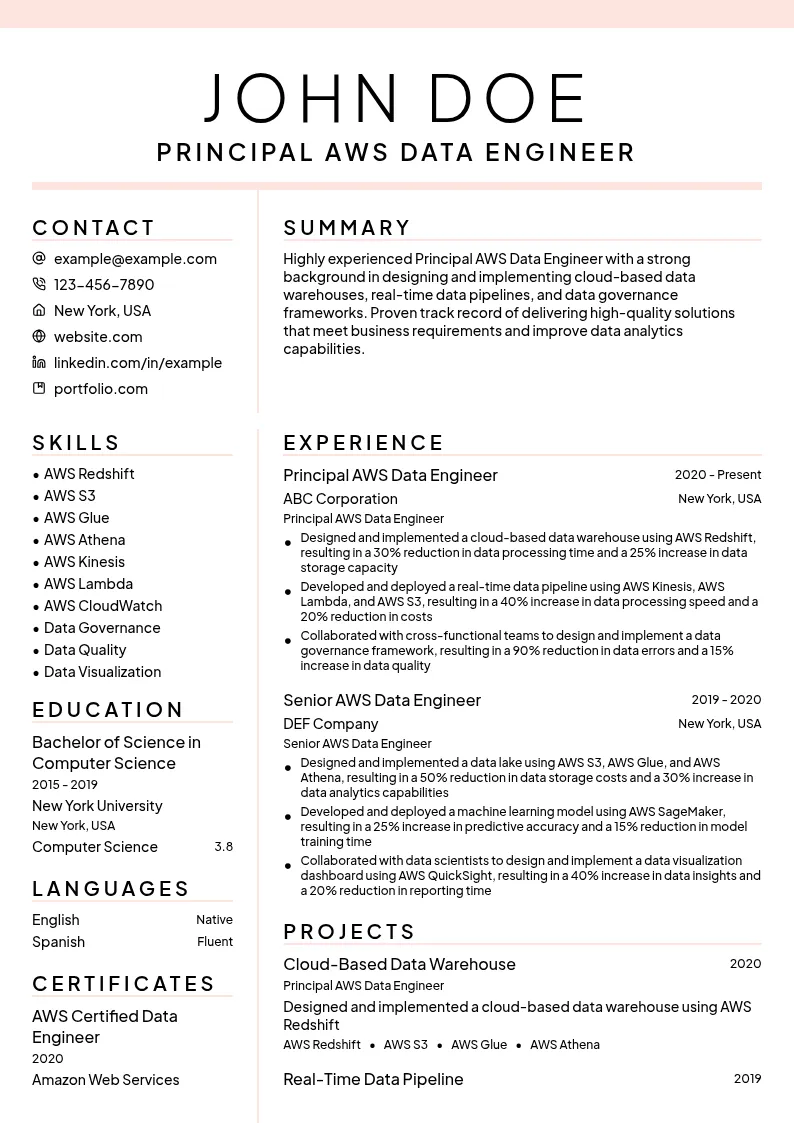 Principal AWS Data Engineer resume example