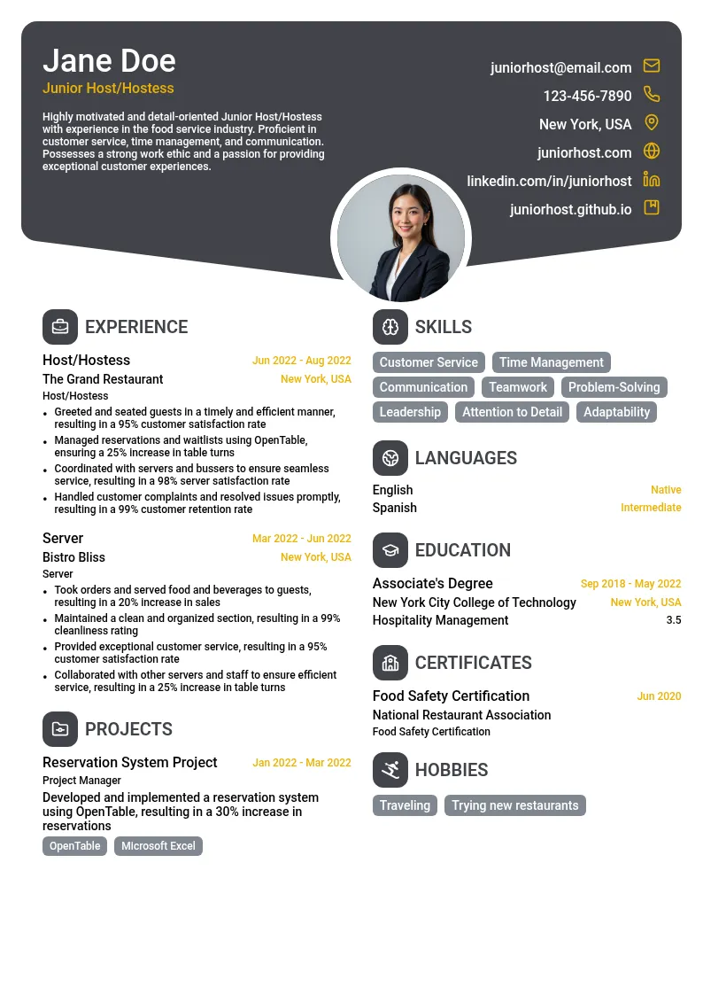 Junior Host/Hostess resume example