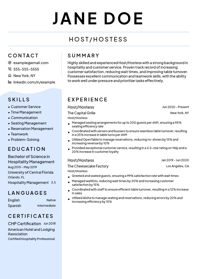 Host/Hostess resume example