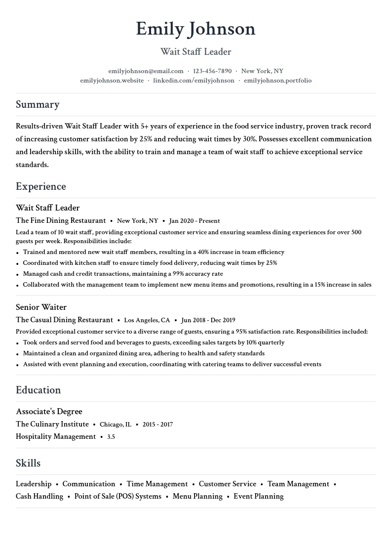 Wait Staff Leader resume example