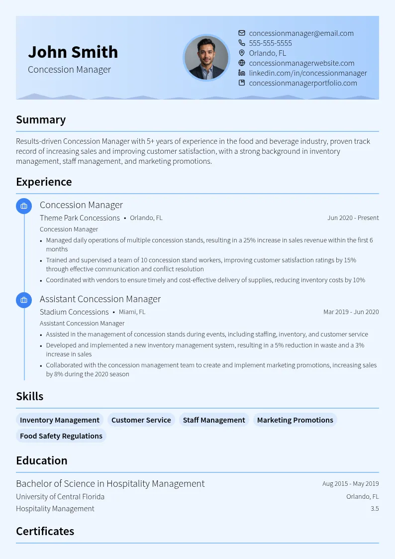 Concession Manager resume example
