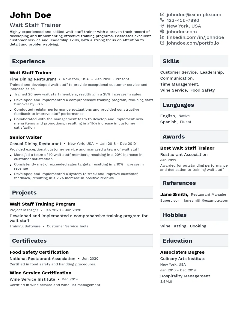 Wait Staff Trainer resume example