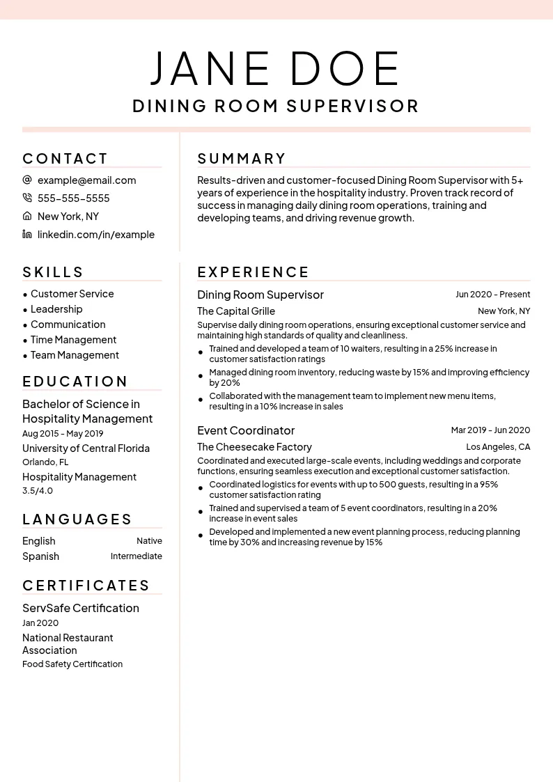 Dining Room Supervisor resume example