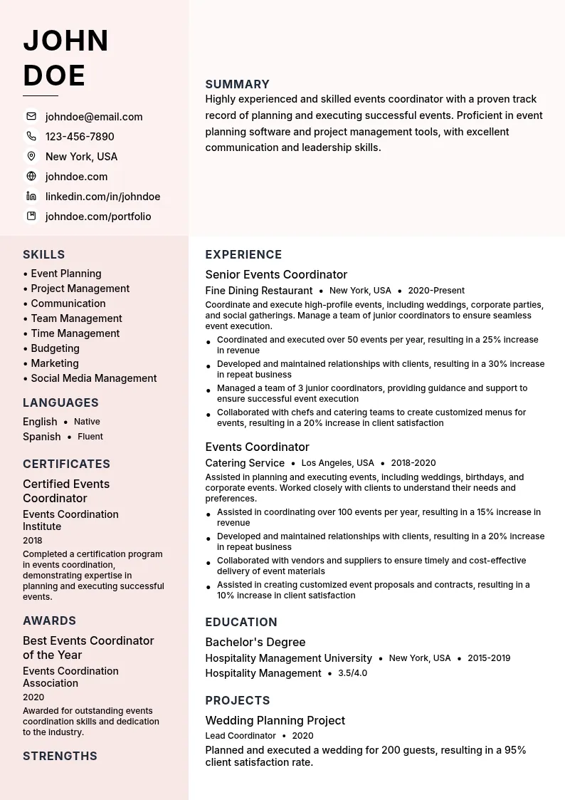 Events Coordinator resume example