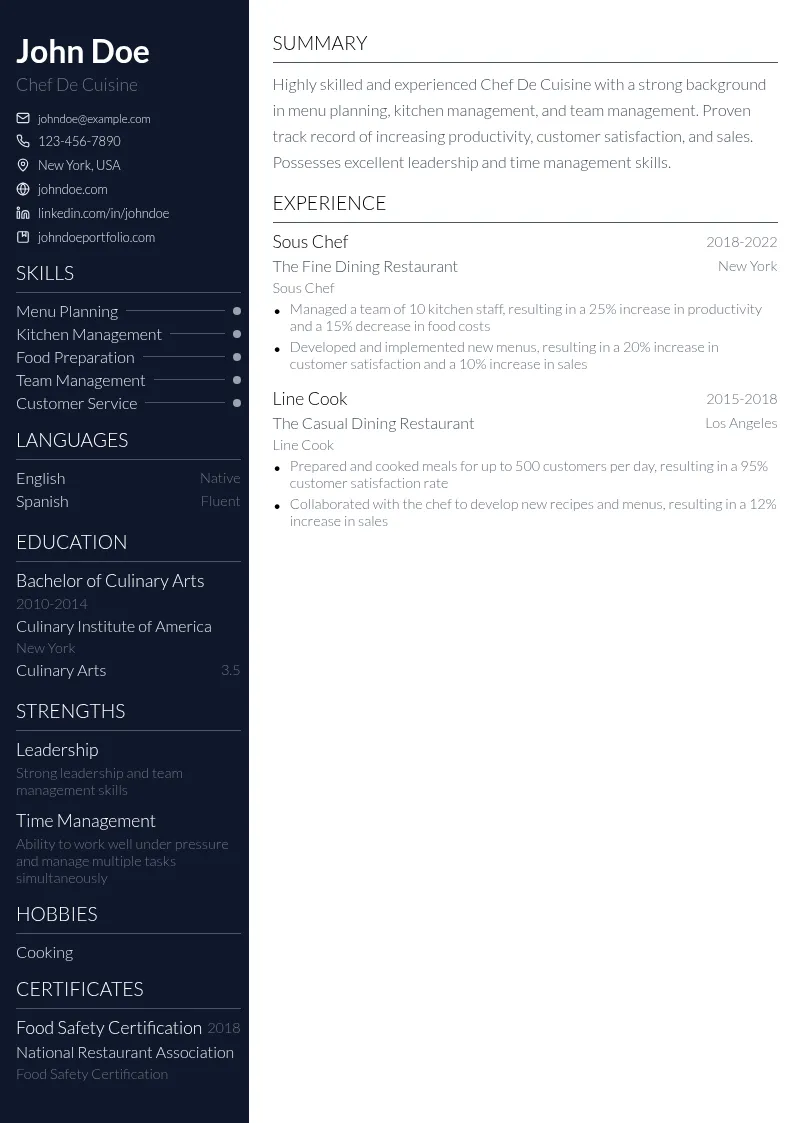 Chef De Cuisine resume example