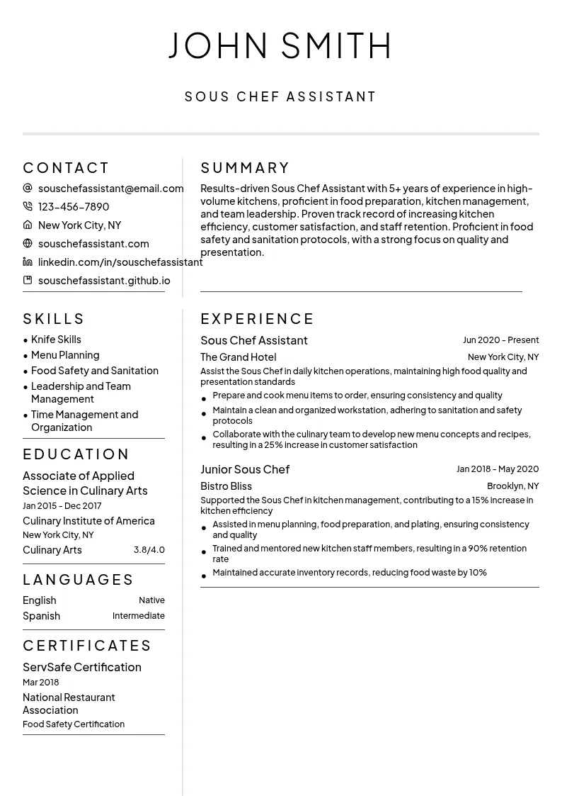 Sous Chef Assistant resume example
