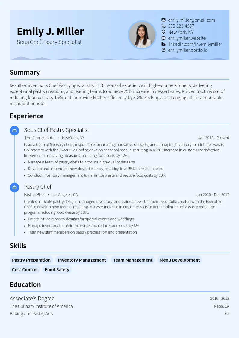 Sous Chef Pastry Specialist resume example