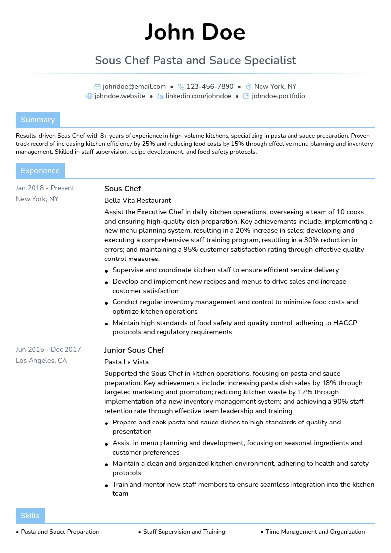 Sous Chef Pasta and Sauce Specialist resume example