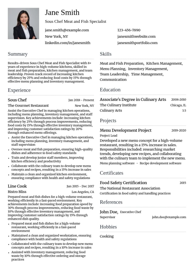 Sous Chef Meat and Fish Specialist resume example