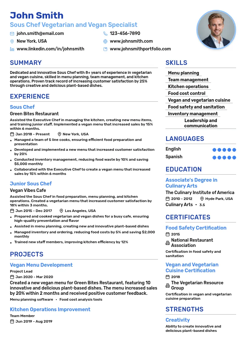 Sous Chef Vegetarian and Vegan Specialist resume example