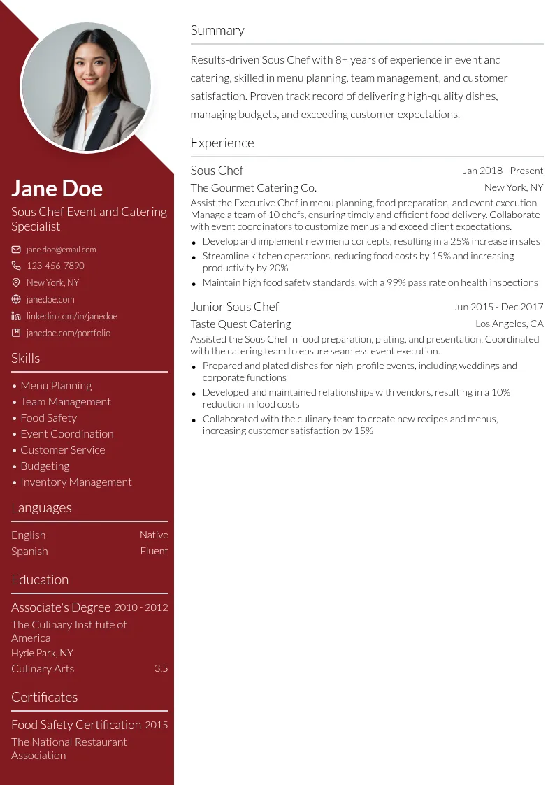 Sous Chef Event and Catering Specialist resume example