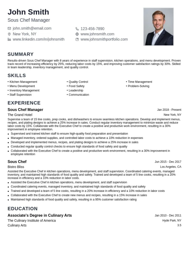 Sous Chef Manager (Staff Supervision) resume example