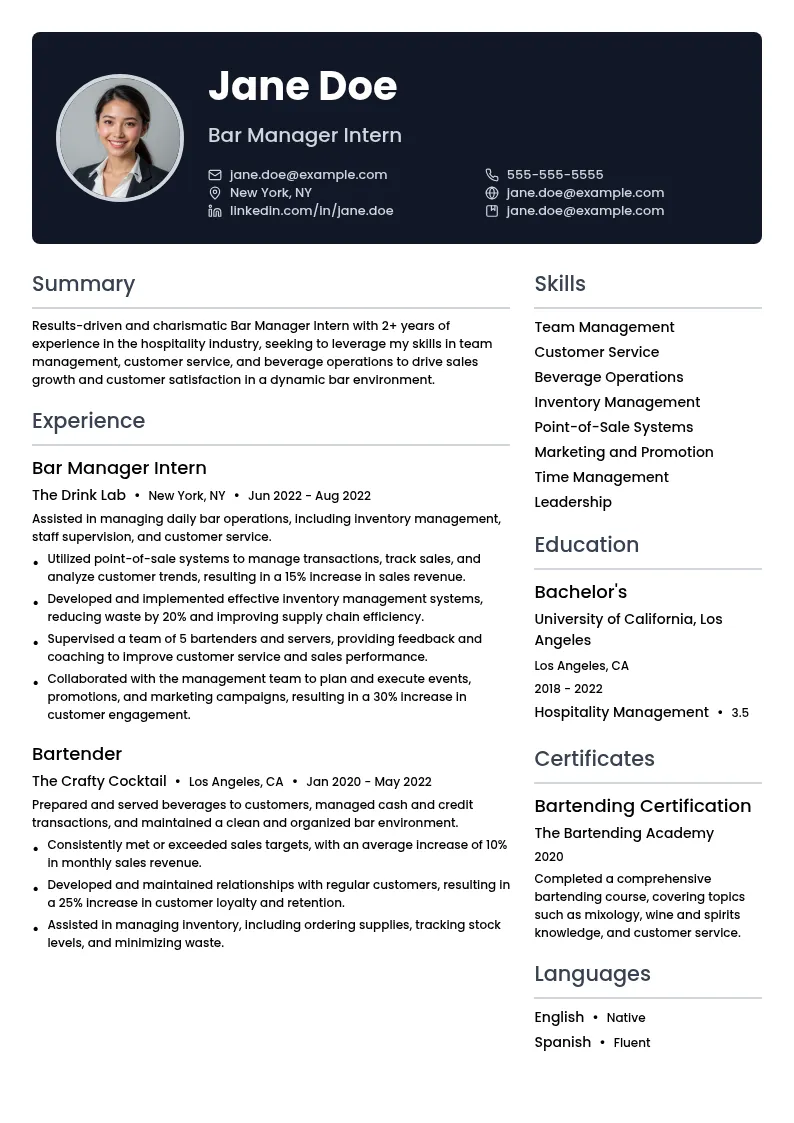 Bar Manager Intern resume example