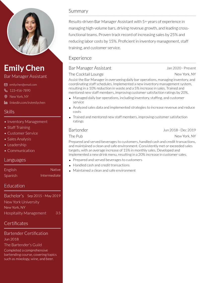 Bar Manager Assistant resume example
