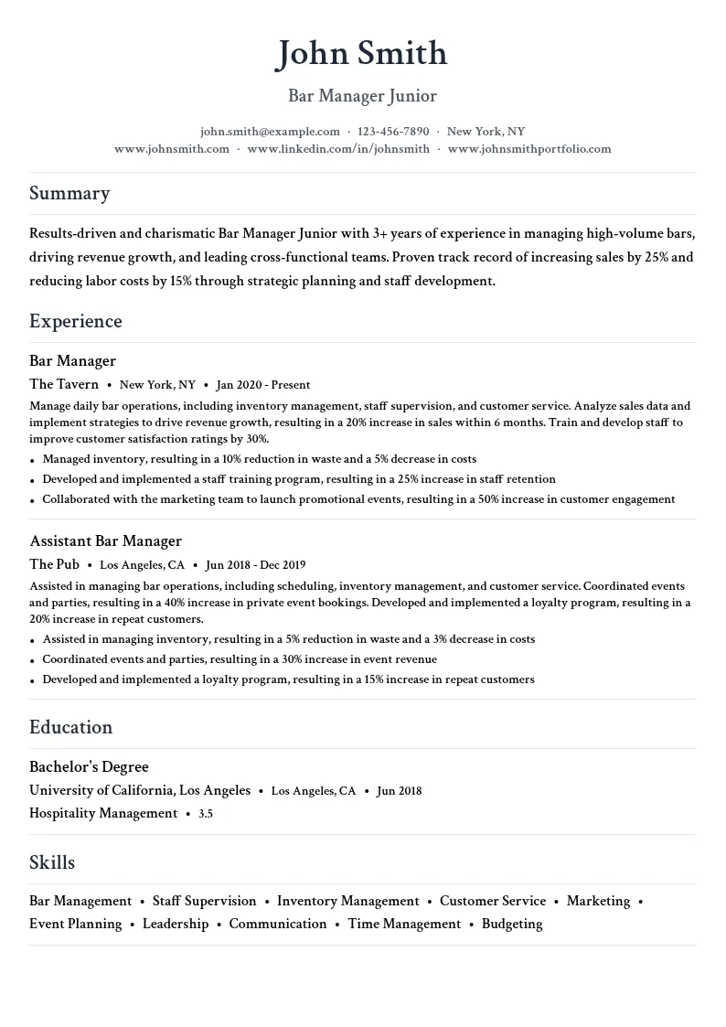 Bar Manager Junior resume example