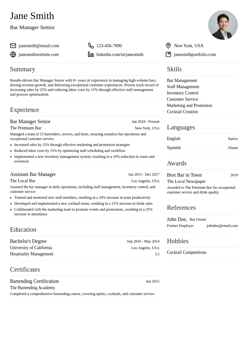 Bar Manager Senior resume example