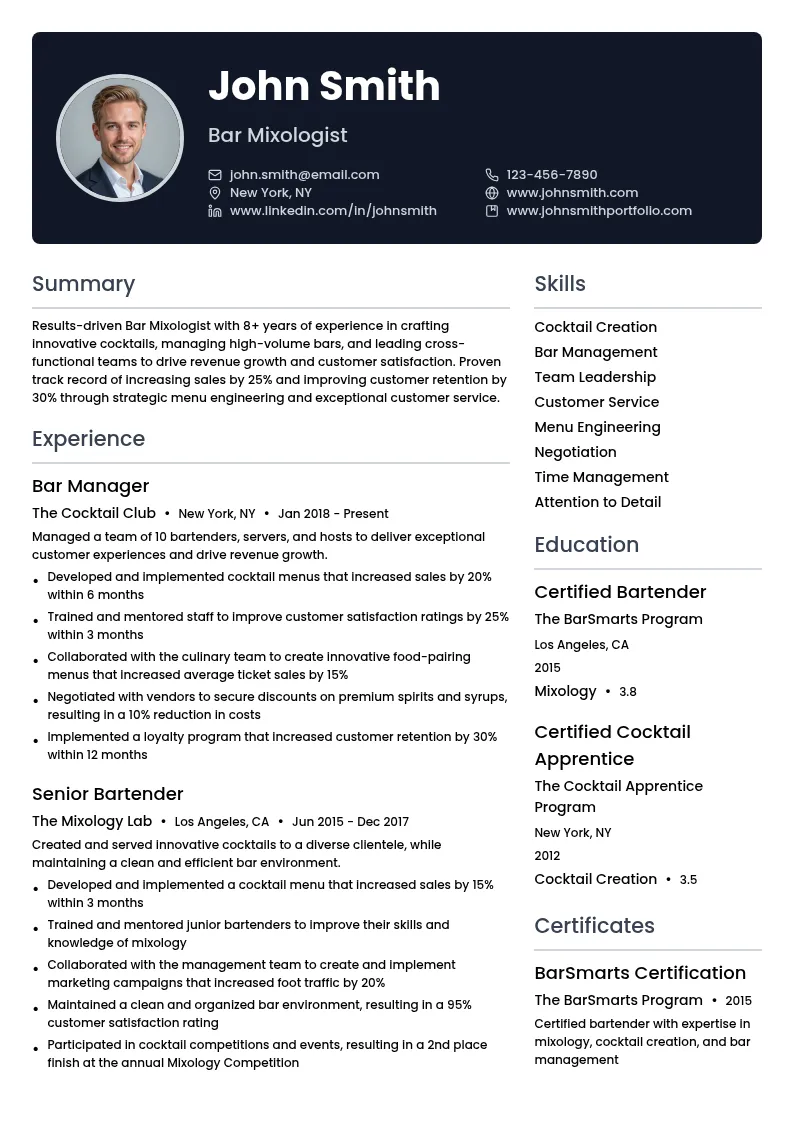 Bar Mixology resume example