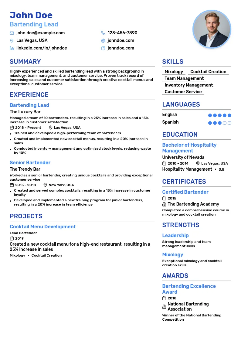 Bartending Lead resume example