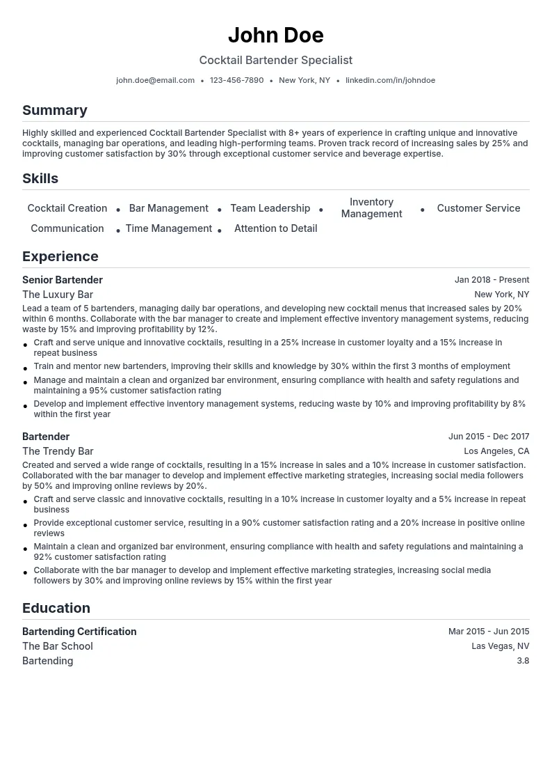Cocktail Bartender Specialist resume example