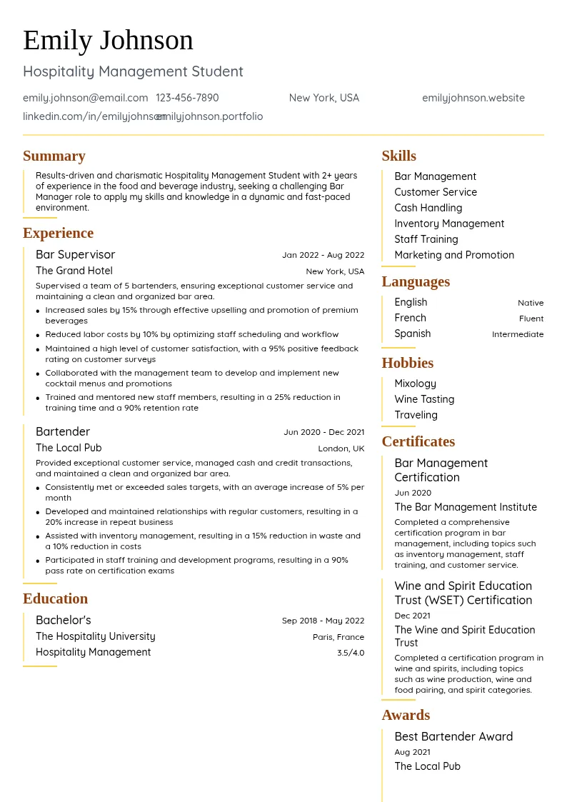 Hospitality Management Student resume example