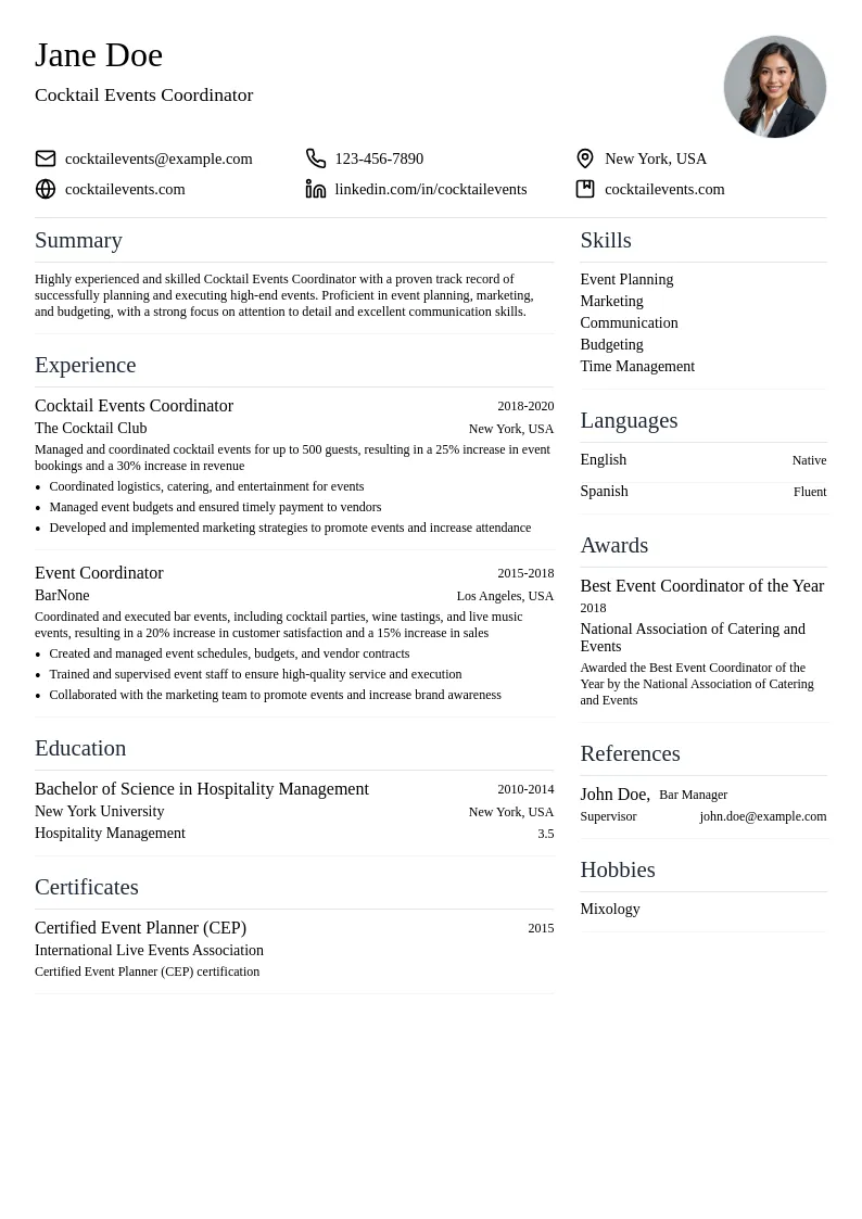 Cocktail Events Coordinator resume example