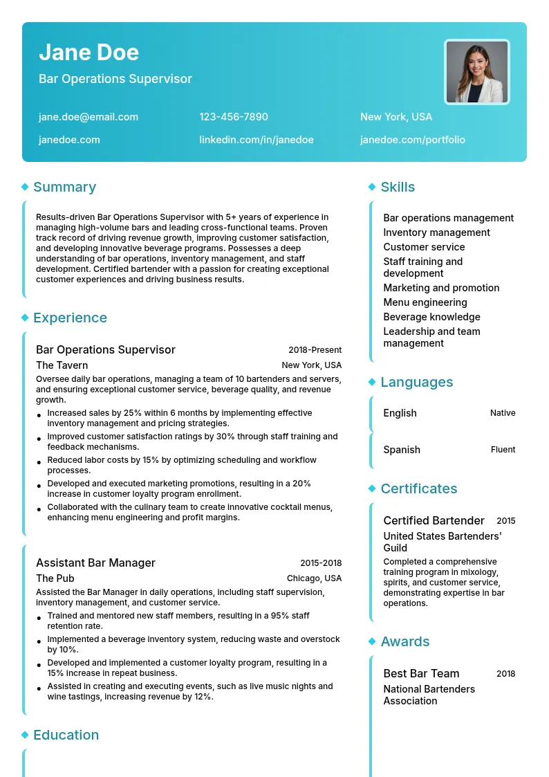 Bar Operations Supervisor resume example