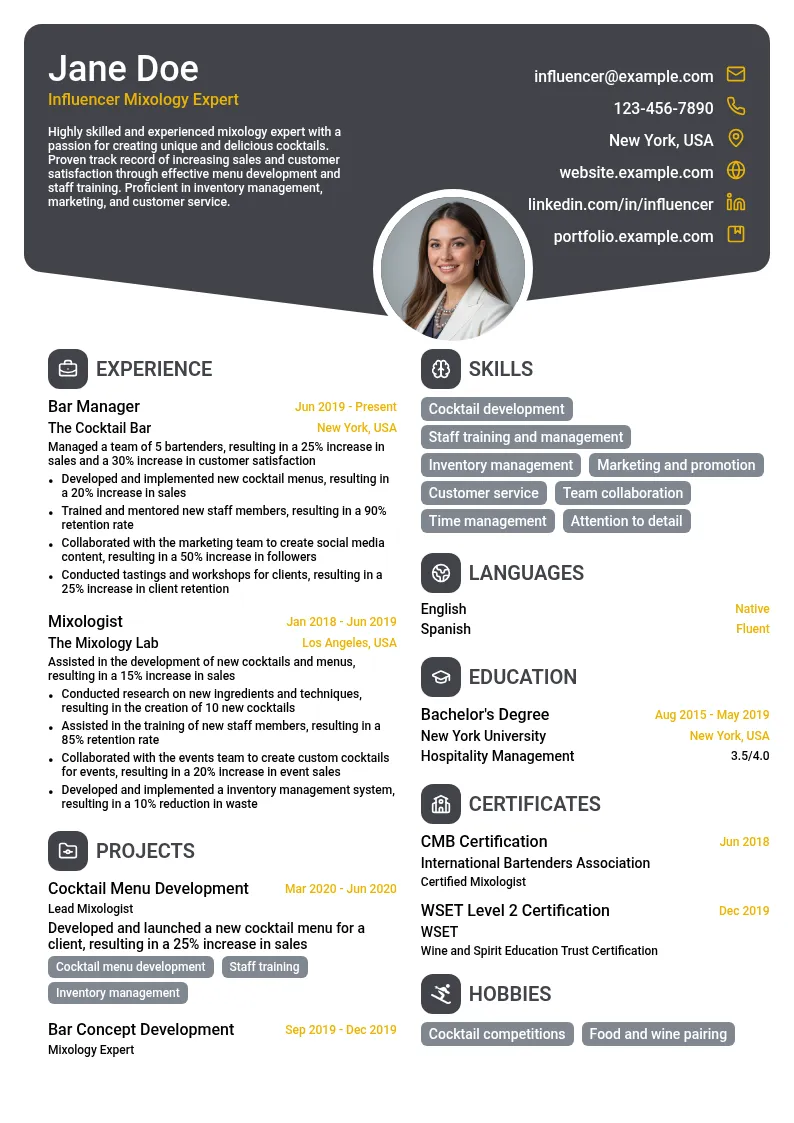Influencer Mixology Expert resume example