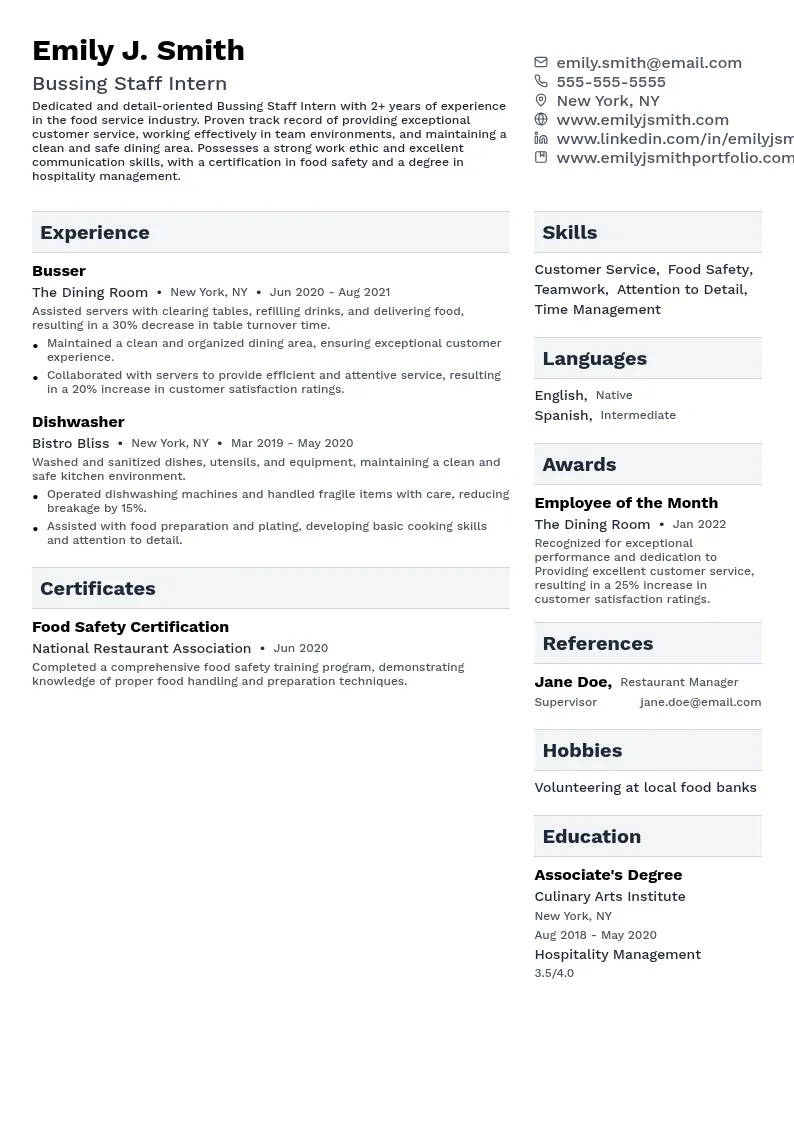 Bussing Staff Intern resume example