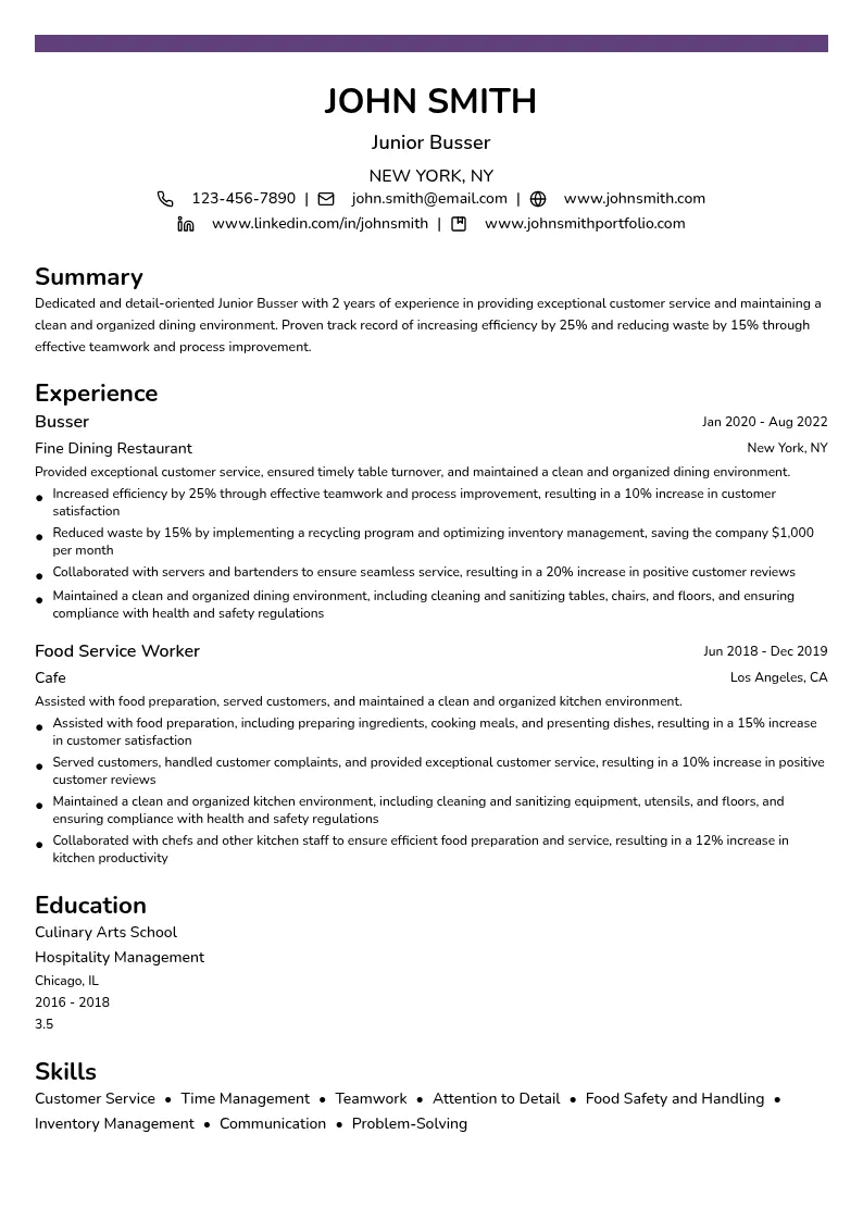 Junior Busser resume example