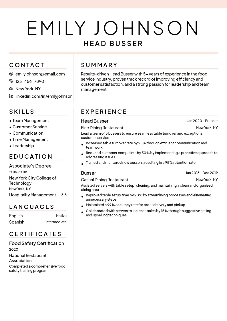 Head Busser resume example