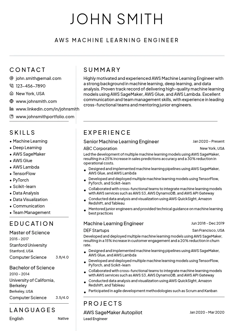 AWS Machine Learning Engineer resume example