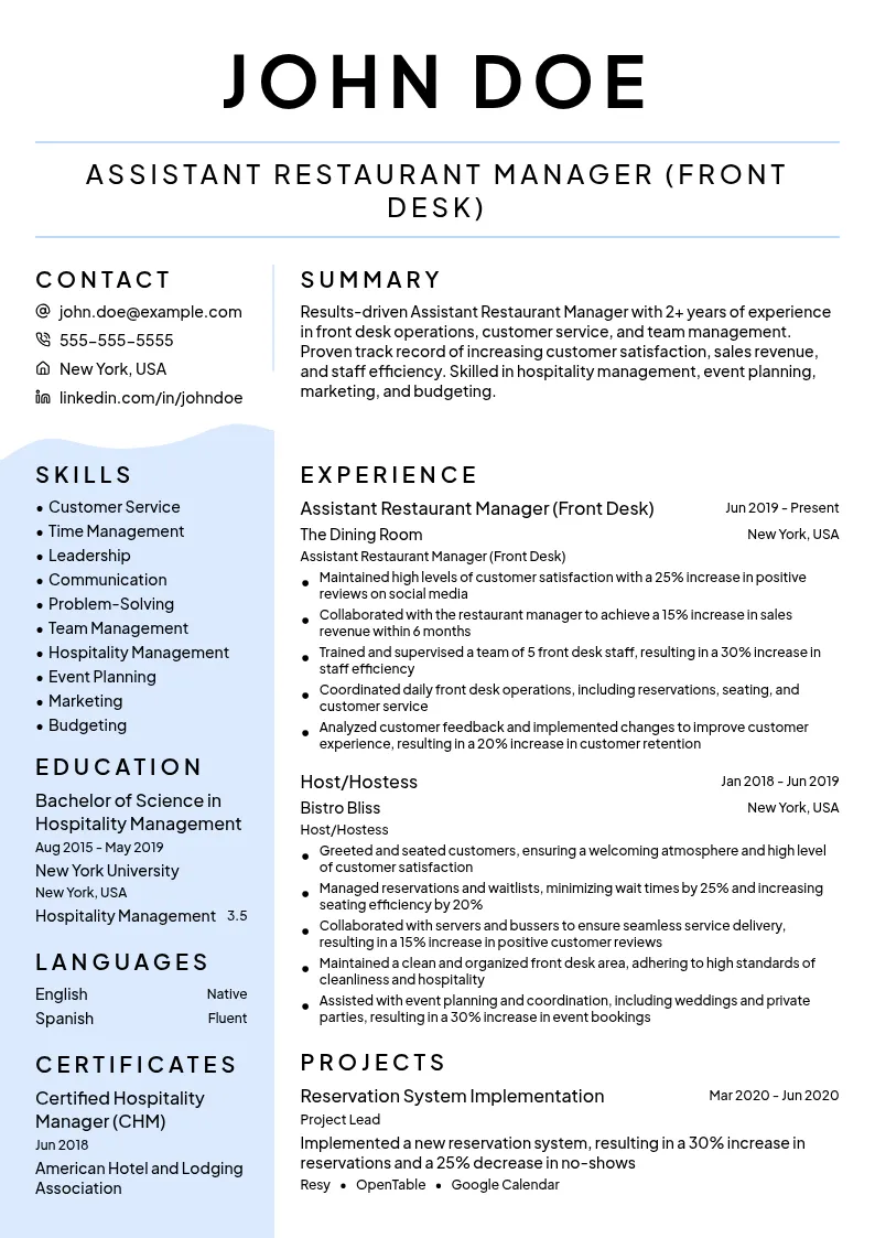 Assistant Restaurant Manager (Front Desk) resume example