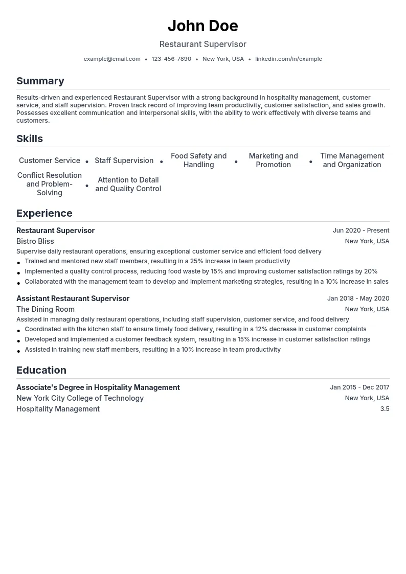 Restaurant Supervisor resume example