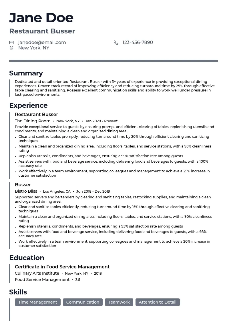 Restaurant Busser resume example