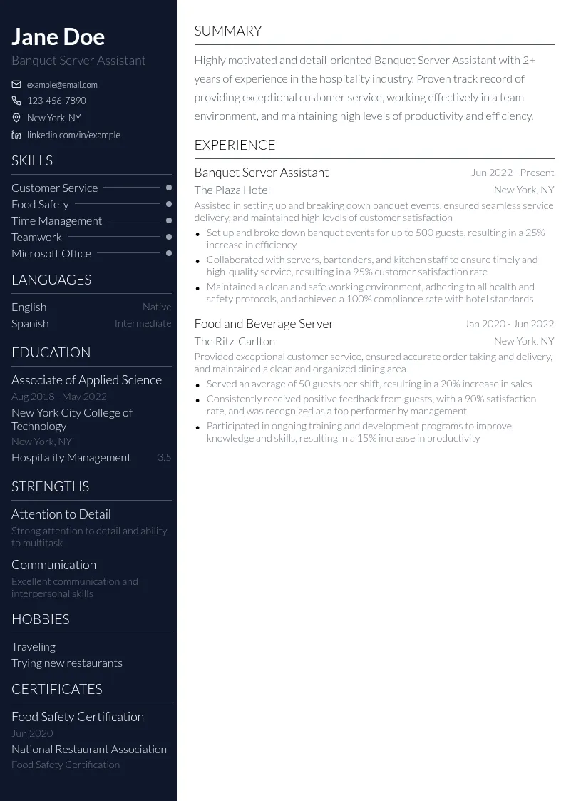 Banquet Server Assistant resume example