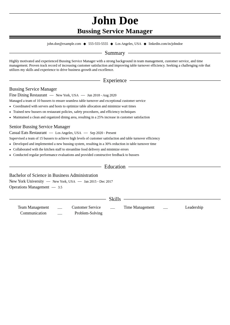 Bussing Service Manager resume example