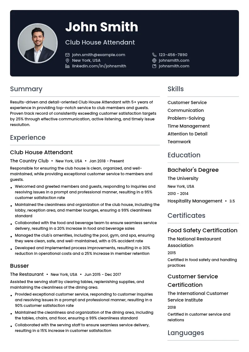 Club House Attendant resume example