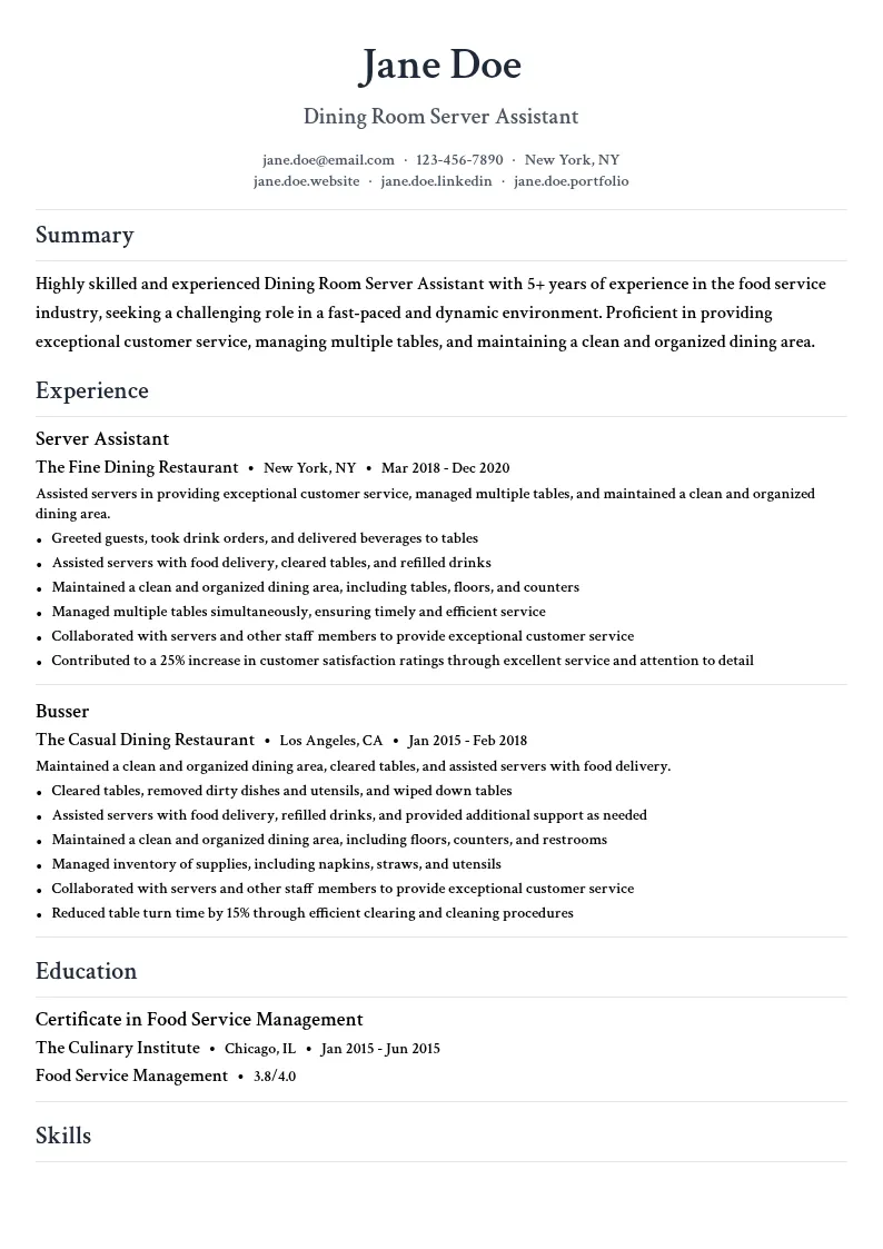 Dining Room Server Assistant resume example
