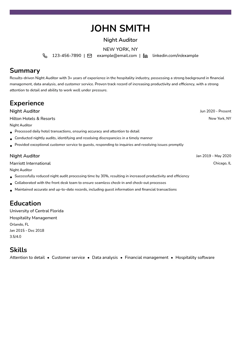 Night Auditor resume example