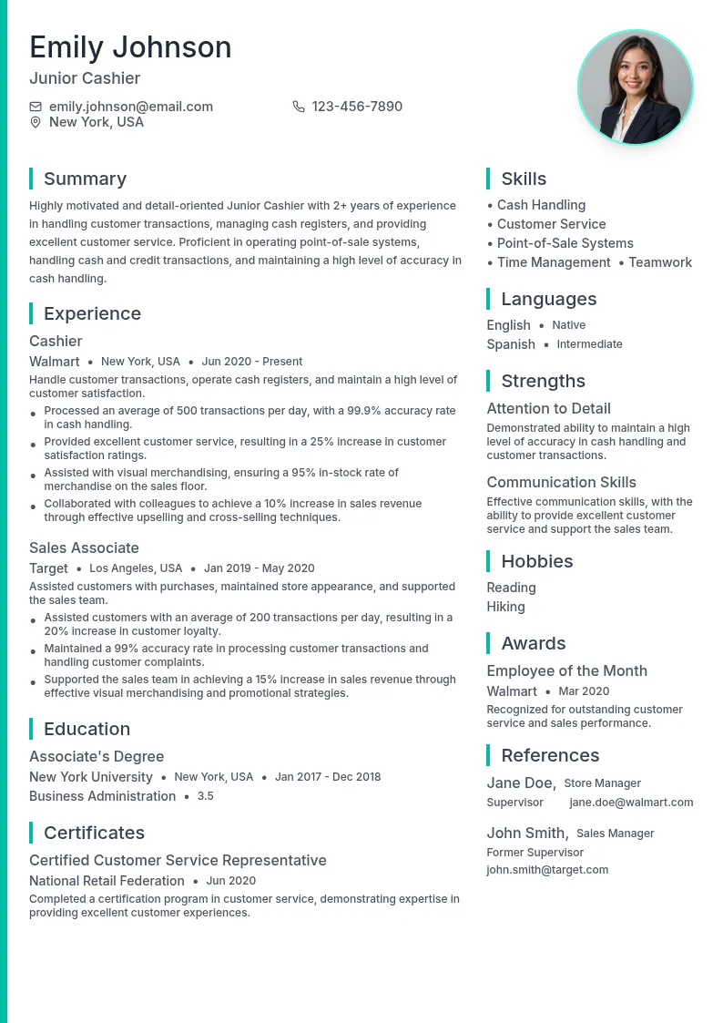 Junior Cashier resume example