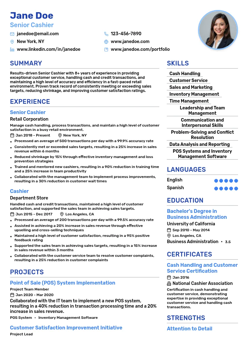 Senior Cashier resume example