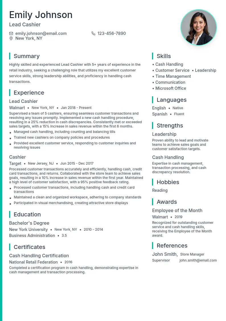 Lead Cashier resume example