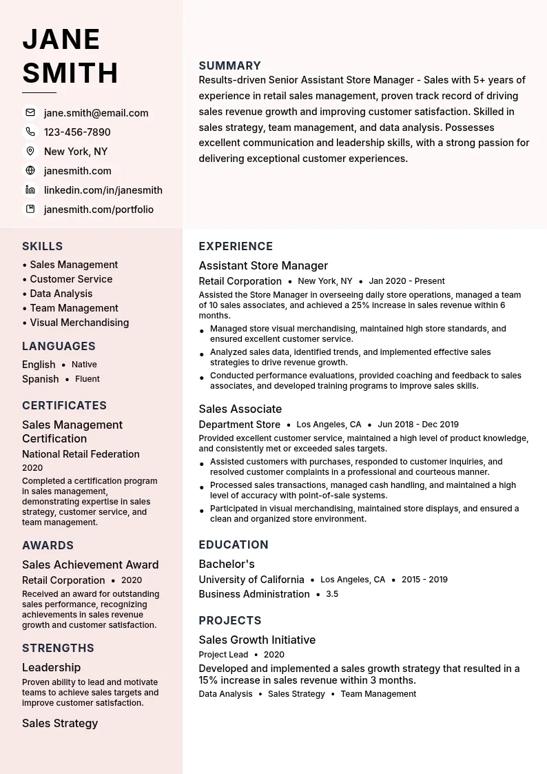 Senior Assistant Store Manager - Sales resume example