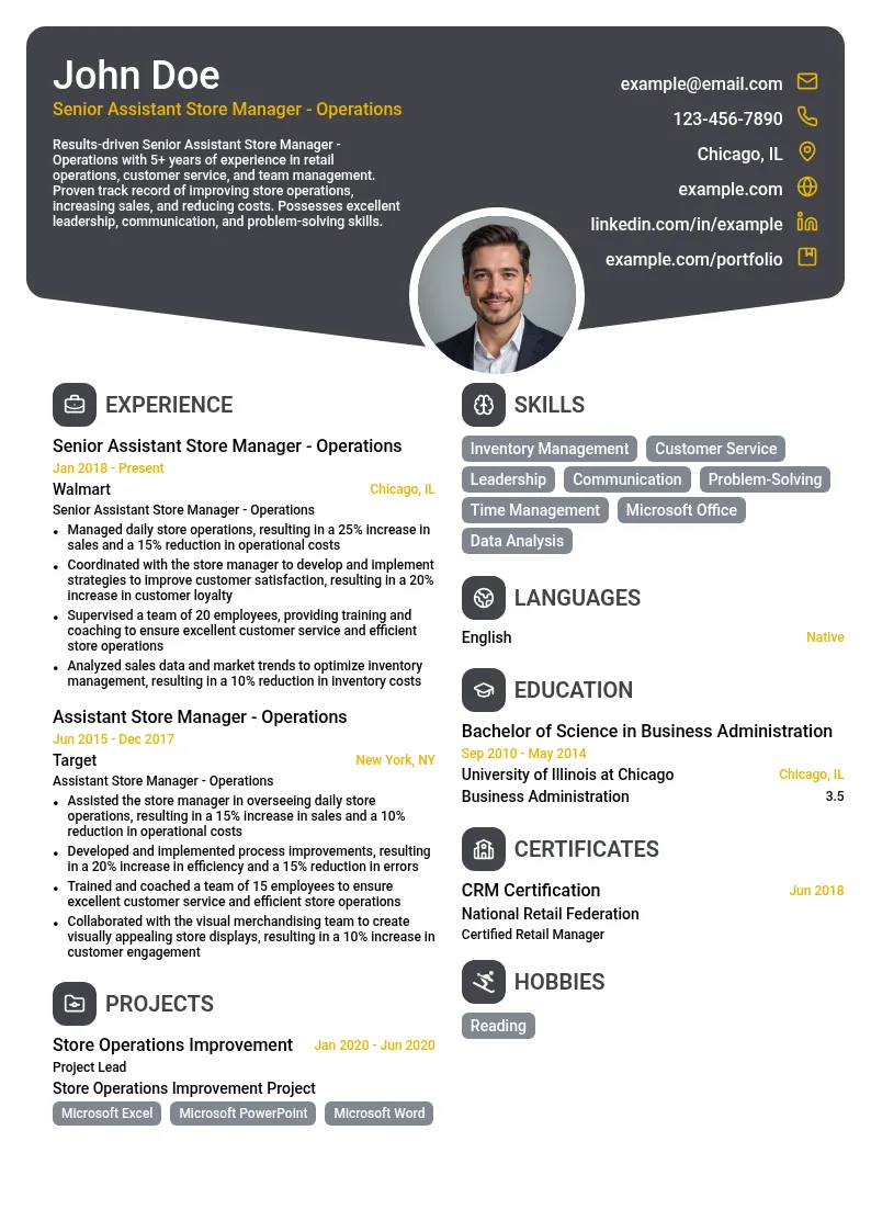 Senior Assistant Store Manager - Operations resume example